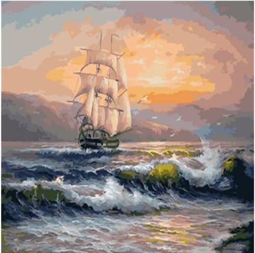 ABEUTY Wandkunst Sonnenuntergang Schiff Das Meer Malen nach Zahlen, DIY Ölgemälde auf Leinwand Gemälde 40x50cm (Schiff, ohne rahmen) von ABEUTY