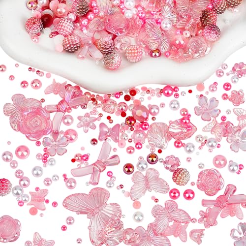 AHANDMAKER 450 Stück Perlen-Nagelanhänger Für Nagelkunst, Schmuckherstellungs-Set, Schmetterling, Muschel Und Schleife, 3D-Nagelkunst-Anhänger, Schmuckherstellung, Hot Pink von AHANDMAKER
