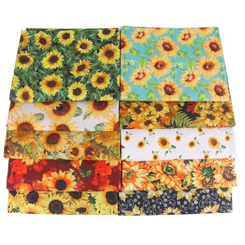 CWOQOCW Bedruckter Stoff aus Reiner Baumwolle mit Sonnenblumen-Motiv für handgefertigte Patchwork und Bastelarbeiten (10 Stück, 50 x 50 cm) von CWOQOCW