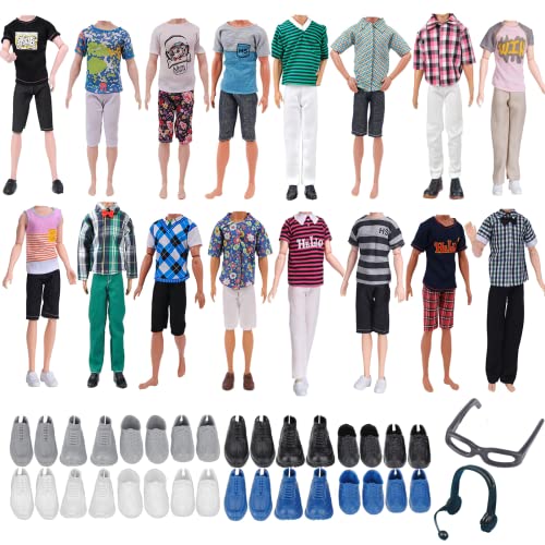 14 Kleidung und Zubehör, kompatibel mit Ken, einschließlich 3 Tops 3 Hosen, 6 Paar Schuhe, 1 Paar Brille und 1 Paar Kopfhörer für 12 Puppen, zufällige Lieferung von Carreuty