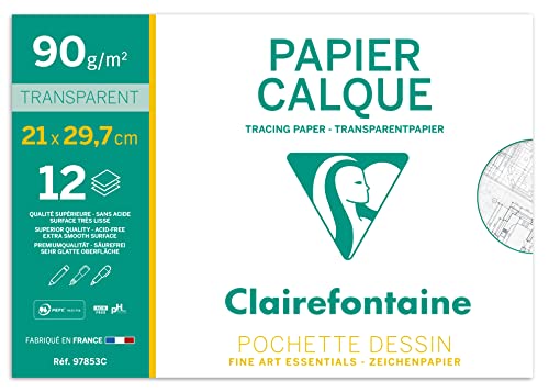 Clairefontaine 97853C Mappe Transparentpapier (mit Millimeterunterteilung , DIN A4, 21 x 29,7 cm, 90/95 g, 12 Blatt, ideal für technische Zeichnen) transparent von Clairefontaine