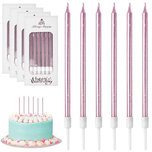 DONQL Geburtstagskuchenkerzen, hohe Kuchenkerzen, lange Geburtstagskerzen, dünne Cupcake-Kerzen mit Haltern für Geburtstagskuchen, Babyparty, Kuchen, Hochzeit, Party-Dekoration (24 Stück, Rosa) von DONQL