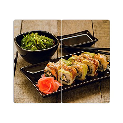 DEKOGLAS Herdabdeckplatten Set inkl. Noppen aus Glas 'Sushi', Herd Ceranfeld Abdeckung, 2-teilig universal 2x 52x30 cm von DekoGlas