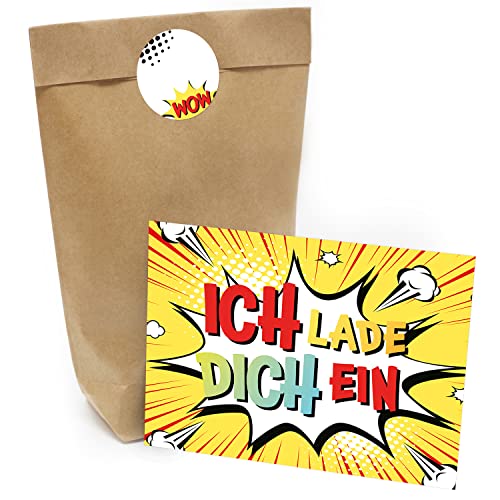 Kindergeburtstag Einladung Set mit je 8 Einladungskarten, Umschlägen, Tüten und Aufkleber - Comic Style Coole Schrift von Einladungskarten Manufaktur Hamburg