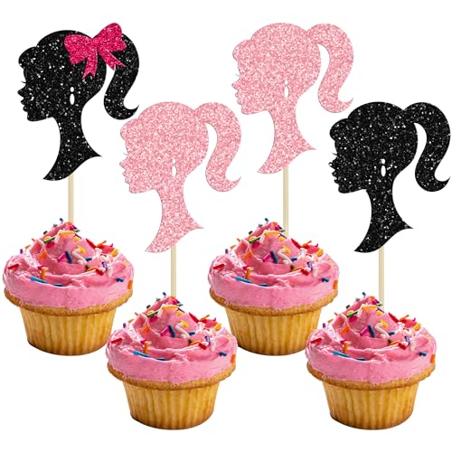 Ephlyn Cupcake-Topper für Mädchen, Geburtstag, Schwarz / Rosa, Glitzer, Prinzessinnen-Puppenkopf, Cupcake-Picks, Prinzessinnen-Mädchen, Kuchendekorationen für Brautparty, Geburtstag, Partyzubehör, 24 von Ephlyn