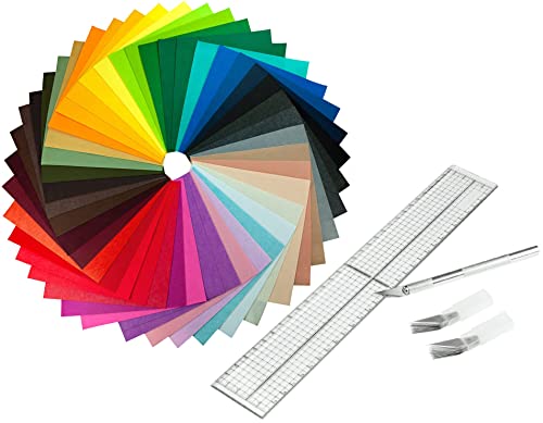 Bastelset: 40 x Filzstoff, Bastelfilz in verschiedenen Farben, Filz: 15 x 15 cm mit Schneidelineal und Bastelmesser (mit 20 Ersatzklingen) von Faden & Nadel