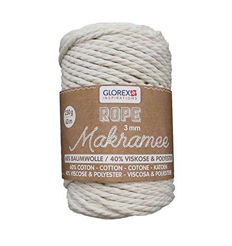 GLOREX 5 1007 01 - Makramee Rope 3 mm, superweiches Textilgarn aus 60 % Baumwolle / 40 % Viskose, zum Häkeln, Stricken, Knüpfen und textilen Gestalten, 250 g, ca. 63 m, gedreht creme von Glorex