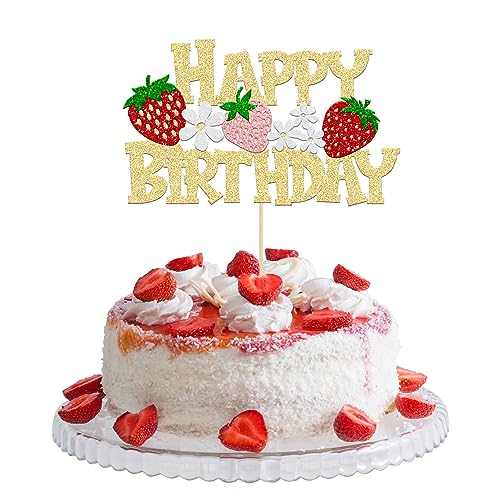 Gyufise 1 x Erdbeer-Kuchenaufsatz "Happy Birthday", Glitzer-Blumen-Obst-Thema, Geburtstag, Beeren-Kuchen-Dekoration für Erdbeer-Thema, Babyparty, Kindergeburtstag, Party, Kuchendekorationen, Zubehör, von Gyufise