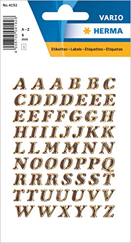 HERMA 4192 Buchstaben Aufkleber gold, 61 Stück, Schriftgröße 8 mm, selbstklebend, klein, Alphanet Sticker Klebebuchstaben A-Z aus Glitzer-Folie zum Aufkleben von HERMA
