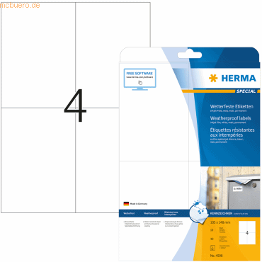 HERMA Inkjet-Etiketten A4 105,0x148,0mm weiß Folie VE=40 Stück von Herma