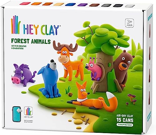 Hey Clay Forest Animals-Set – bunte Modellier-Kinder – lufttrockenes Ton-Set 15 Dosen und Modellierwerkzeuge mit lustiger interaktiver Anleitung von Hey Clay