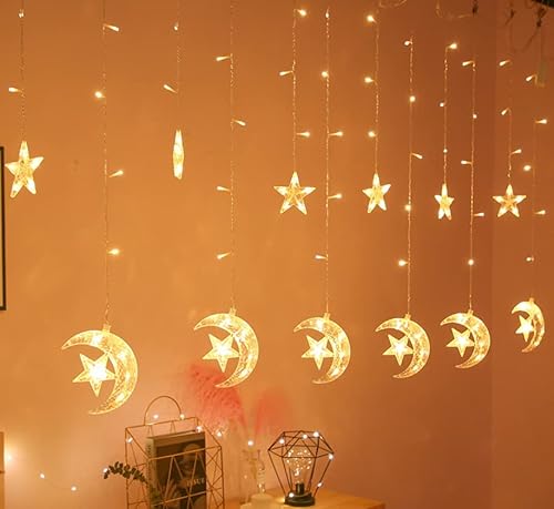 126 LED Stern Mond Vorhang String Lichter, Fenster Vorhang Lichter mit 8 blinkenden Modi Ramadan Dekoration Weihnachtshochzeit, Party, Haus, Patio Rasen Dekorationen (Warmweiß) von Kayan