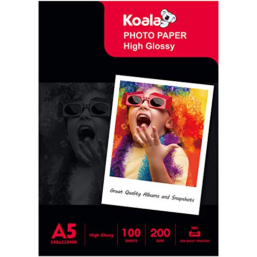 Koala Inkjet Hochglänzend Fotopapier DIN A5, 210 x 148 mm, 200 g/m², 100 Blatt, für Canon HP Epson Tintenstrahldrucker von Koala