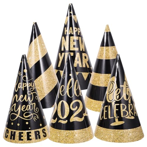 LIFKOME 6 Stück 2024 Neujahrsparty Gold-Glitzer-Hüte -Partyhüte Ausgefallene Neujahrs-Papierkegel-Hut Neujahrs-Partygeschenke Party-Dekorationen von LIFKOME