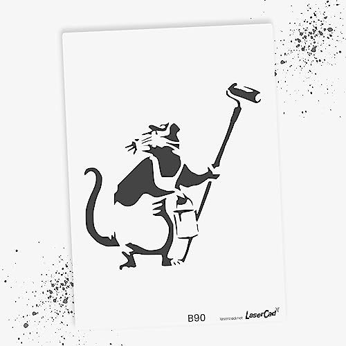 LaserCad Schablonen BANKSY Streetart (B090, Rat with Paintroller, DIN A4) Stencil für Graffiti, Airbrush, Kunst, Deko, zum Malen von LaserCad