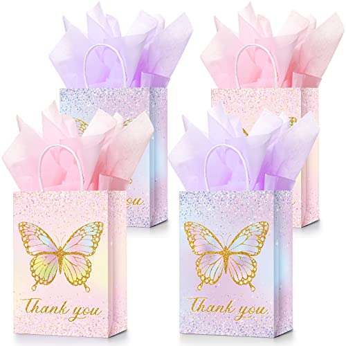 16 Set Schmetterlings-Party-Geschenktüten mit Seidenpapier, rosa lila Blumen, Süßigkeitentüten, kleine florale Papiertüten mit Griffen für Kinder, Schmetterling, Geburtstagsparty (Glitzer-Stil) von Leinuosen