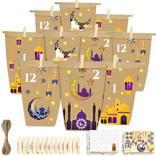 Leonshco 30 Stück Eid Mubarak Tüten, DIY Ramadan Kalender zum Befüllen, Ramadan Adventskalender Kraftpapiertüten mit Kalender Sticker/Clips/Juteseil, Wiederverwendbar für Ramadan Dekoration (B) von Leonshco
