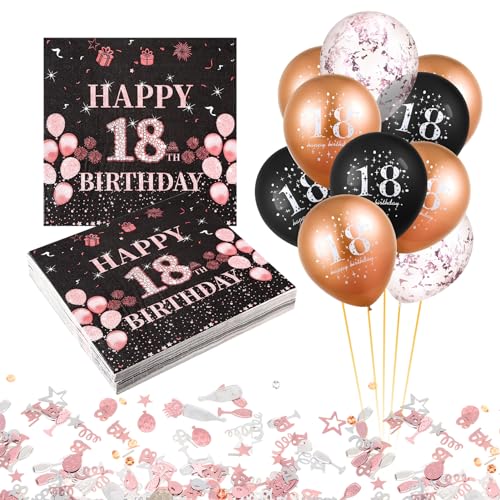 18. Geburtstag Deko Servietten 40 Stück,15 Stück Schwarz Rosa Luftballons,Konfetti,Geburtstag Servietten für 18. Geburtstag Mädchen Junge,3-Lagig Geburtstagsservietten von Livdouyu
