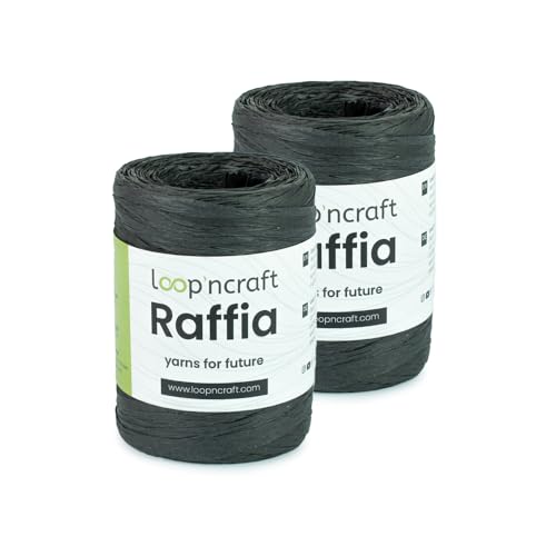 Raffia Papiergarn 2er-Set, Schwarz, Loopncraft, 2 X 100g, Raffia Yarn, Natur Bastband von Loopncraft