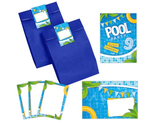 12 Einladungskarten zum 9. Kindergeburtstag Schwimmbad Jungen Mädchen Einladungen neunte Geburtstag incl. 12 Umschläge, 12 Partytüten/blau, 12 Aufkleber, 12 Mini-Notizblöcke von Minkocards