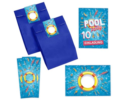 Minkocards 12 Einladungskarten zum 10. Kindergeburtstag Schwimmbad Jungen Mädchen Einladung zehnte Geburtstagen incl. 12 Umschläge, 12 Partytüten/blau, 12 Aufkleber, 12 Lesezeichen von Minkocards