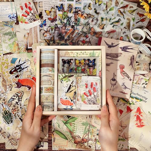 NOGAMOGA Vintage Scrapbook Accessory Set, Tier Vogel und Insekt Seires Bullet Journal Kit mit 12 Washi Tape, A6 Notebook, Aufkleber, Scrapbook Papier, Notizpapier, Natur ästhetische Journal Kit von NOGAMOGA
