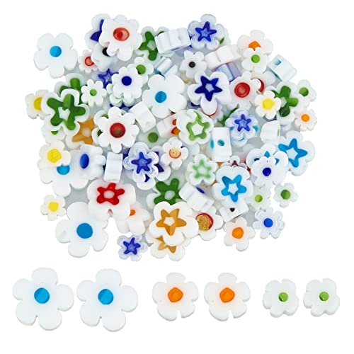 OLYCRAFT 236 Stück handgefertigte Millefiori-Glasperlen in 3 Stilen, weiße Glasblumen-Perlen, lose Mosaik-Perlen für Schmuck, Armbänder, Halskettenherstellung und Basteln von OLYCRAFT