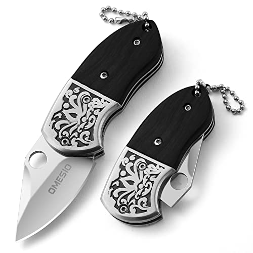 Omesio Mini Taschenmesser Schlüsselanhänger Zweihand Klappmesser Klein scharfes Schlüssel Messer, Holzgriff (B- Gespitzt- Schwarz) von Omesio