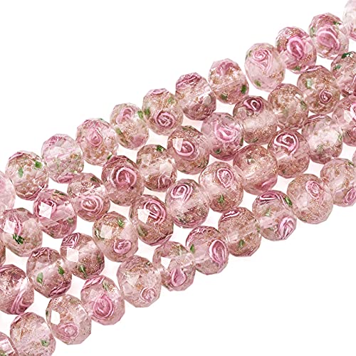 PandaHall 60 Stück Blumen-Lampwork-Perlen 10 mm rosa facettiert Gold Sand Glas lose Spacer Perlen für Armband Halskette Schmuckherstellung DIY Handwerk von PH PandaHall
