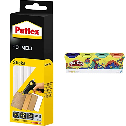 Pattex Hotmelt 827353 Sticks, Klebesticks für die Heißklebepistole mit extrem hoher Transparenz, 1x10 Sticks, Transparent, 200 g & Play-Doh E4867ES0 4er Pack WILD, Knete für fantasievolles Spielen von Pattex