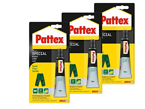 Pattex Spezialkleber Textil, Textilkleber für verschiedene Textilien mit hoher Haftfestigkeit und spurenfreier Trocknung, wasch- und bügelbeständig, 3x20g von Pattex