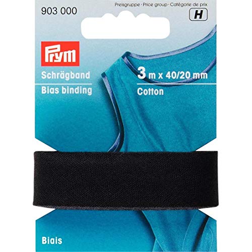 Prym 903000 Schrägband Baumwolle, schwarz, 100% CO, 20 mm Falzung: 40/20 mm | 3 m von Prym