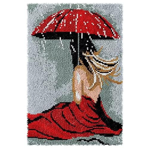 ROCKY&CHAO Knüpfhaken-Teppich-Set DIY-Knüpfhaken Teppichherstellungs-Set für Erwachsene Kinder Kreuzstich-Set Teppichherstellung Heimdekoration 60 x 40 cm （Schönheit des Roten Regenschirms） von ROCKY&CHAO