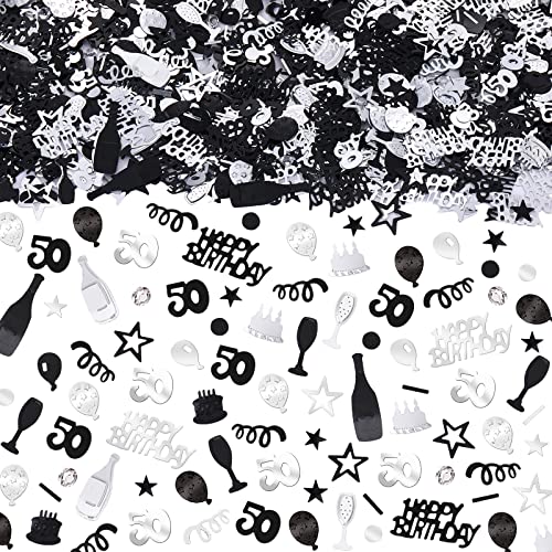 3000 Stück schwarz-silberne Konfetti-Dekorationen zum 50. Geburtstag mit Diamanten, schwarz-silberne 50. Geburtstags-Party-Tischdekoration, Metallfolien-Konfetti-Streuer für Männer und Frauen von RUMIA