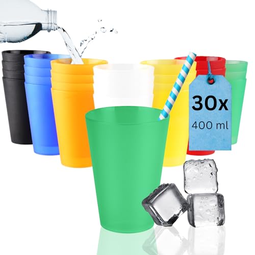 S&S-Shop Hartplastik Trinkbecher | 30 Stück | 400ml | Mix Set | 6 Farben | Mehrwegbecher | Cocktailgläser | Camping | Kindergeschirr | JGA | Stapelbecher | Partybecher | Kunststoffbecher von S&S-Shop