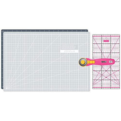 SEMPLIX Schneidematten Set - Schneideunterlage 45 x 30 cm (A3), Rollschneider Maxi 45 mm, Patchwork Lineal 30x15 cm (grau/pink) von SEMPLIX