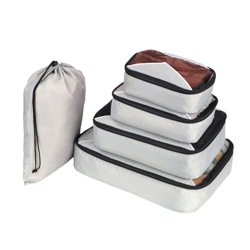 SWEDOU Packwürfel für Koffer, Koffer-Organizer Set, Taschen,kofferorganizer packtaschen set, Würfeltaschen, Netzstoff, packtaschen für rucksack, wasserabweisender Wäschesack, Grau, 5 Stück von SWEDOU
