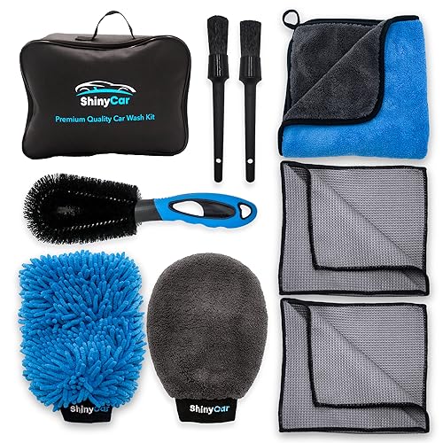 ShinyCar® UK: Premium 8-teiliges Autowasch-Werkzeug-Reinigungsset mit Tasche: Mikrofaser-Waschhandschuhe, Außen-Trockentuch, Waffeltücher, Alufelgenbürste, Valeting-Produkt, Geschenk-Set von ShinyCar