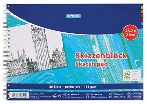 Stylex 28692 - Skizzenblock mit Spiralbindung, perforiert, 28,2 x 21 cm, 25 Blatt 135 g/m², geeignet für Bleistift, Kohle, Rötel, Wachskreiden, Pastellkreiden, Bunt- und Aquarellstifte von Stylex
