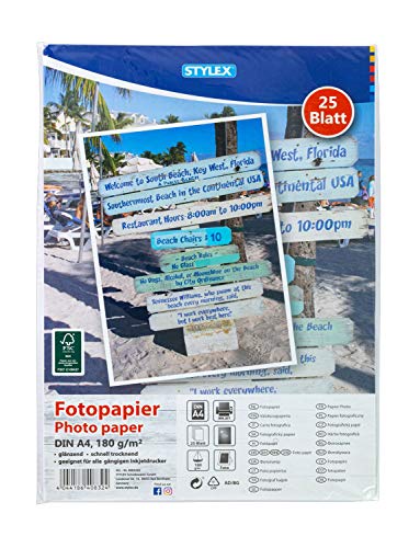 Stylex 40832 - Fotopapier, DIN A4, 25 Blatt, 180 g/m², glänzend, schnelltrocknend, geeignet für alle gängigen Inkjetdrucker von Stylex