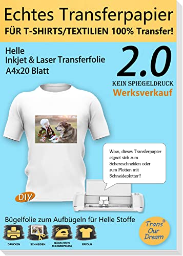 TransOurDream Echte Inkjet/Laser T-Shirt Transferpapier Transferfolie Bügelfolie(durchscheinend Folie),A4X20 Blatt, Tintenstrahldrucker und Laserdrucker für helle Textilien, Aufbügeln(2-20) von TransOurDream