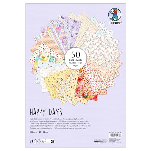 Ursus 7810004 - Fotokarton, Happy Days, 50 Blätter, ca. 23 x 33 cm, 300 g/m², beidseitig bedruckt mit 25 blumigen Motiven, aus Frischzellulose, zum vielseitigen Basteln von Ursus