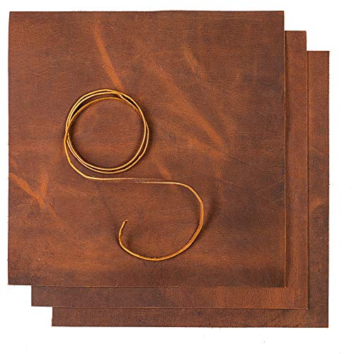 Lederplatten für Lederhandwerk - 3 Platten (30 x 30 cm) + Lederschnur (91.5 cm) - Vollnarbiges Büffelleder Quadrate - Großartig für Schmuck, Ledergeldbörsen, Lederarbeiten und Kunsthandwerk von WANDERINGS