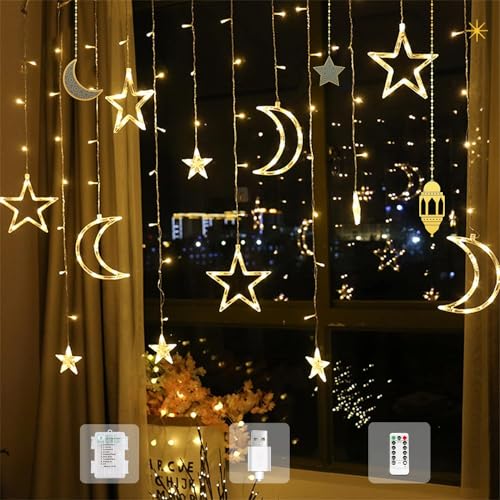 Woukksy LED Lichterkette für Ramadan Deko, 3.5M Stern Mond Lichtervorhang mit Timer & Fernbedienung, 8 Modi Lichterketten Fenster Innen für Balkon, Hochzeit, Party Dekoration (star and moon) von Woukksy