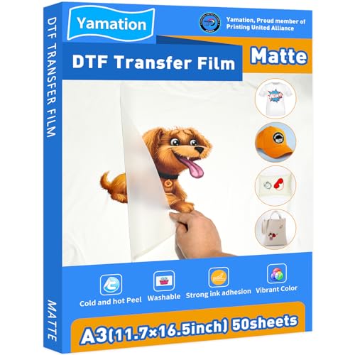 Yamation DTF Transferfolie: A3 50 Blatt Premium doppelseitiges mattes Finish PET-Transferpapier direkt auf T-Shirts von Yamation