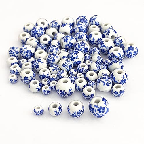 Runde Keramik-Porzellan-Perlen für Schmuckherstellung, verschiedene Größen, 6 mm, 8 mm, 10 mm, 12 mm, insgesamt 80 Stück, handgefertigte Blumen-Aufkleber, Abstandshalter mit Loch (blau und weiß) von Yokoke