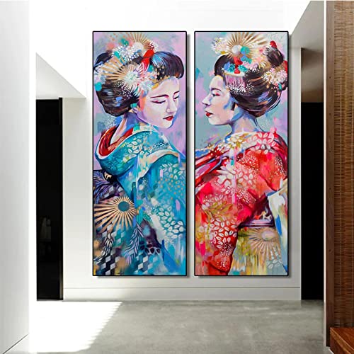 Japanische Frau Charakter Kunst Leinwand Malerei Wandkunst Poster Drucken Buntes Bild für Wohnzimmer Korridor Dekoration 60x180cm(24x72in)x2 Rahmenlos von ZZBYTSYD