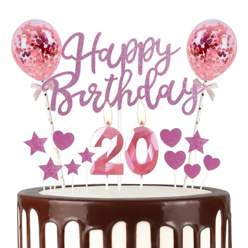 Mciskin 20. Happy Birthday Kerzen, Glitzer Happy Birthday Cake Topper, Pink Happy Birthday Ballons, Pink 20 Kerzen Cake Topper Stern Cupcake Toppers Dekorationen für Mädchen Frauen Geburtstag Party von mciskin
