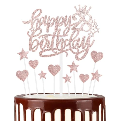 Tortenaufsätze Happy 28th Birthday, Roségold, Kuchen-Cupcake-Topper für Kuchen, glitzerndes Herz, Sterne, Kuchenaufsätze, Geburtstagsgeschenk, personalisierte Kuchendekor von mciskin