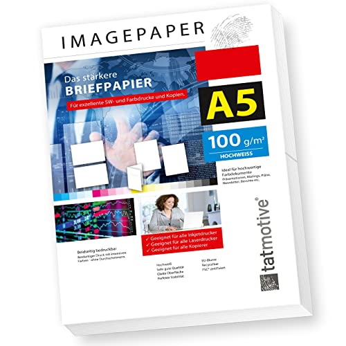 TATMOTIVE Imagepaper 100g/qm DIN A5, das stärkere Briefpapier, brillante Drucke für alle Drucker, 1000 Blatt Kopierpapier Druckerpapier weiß von tatmotive
